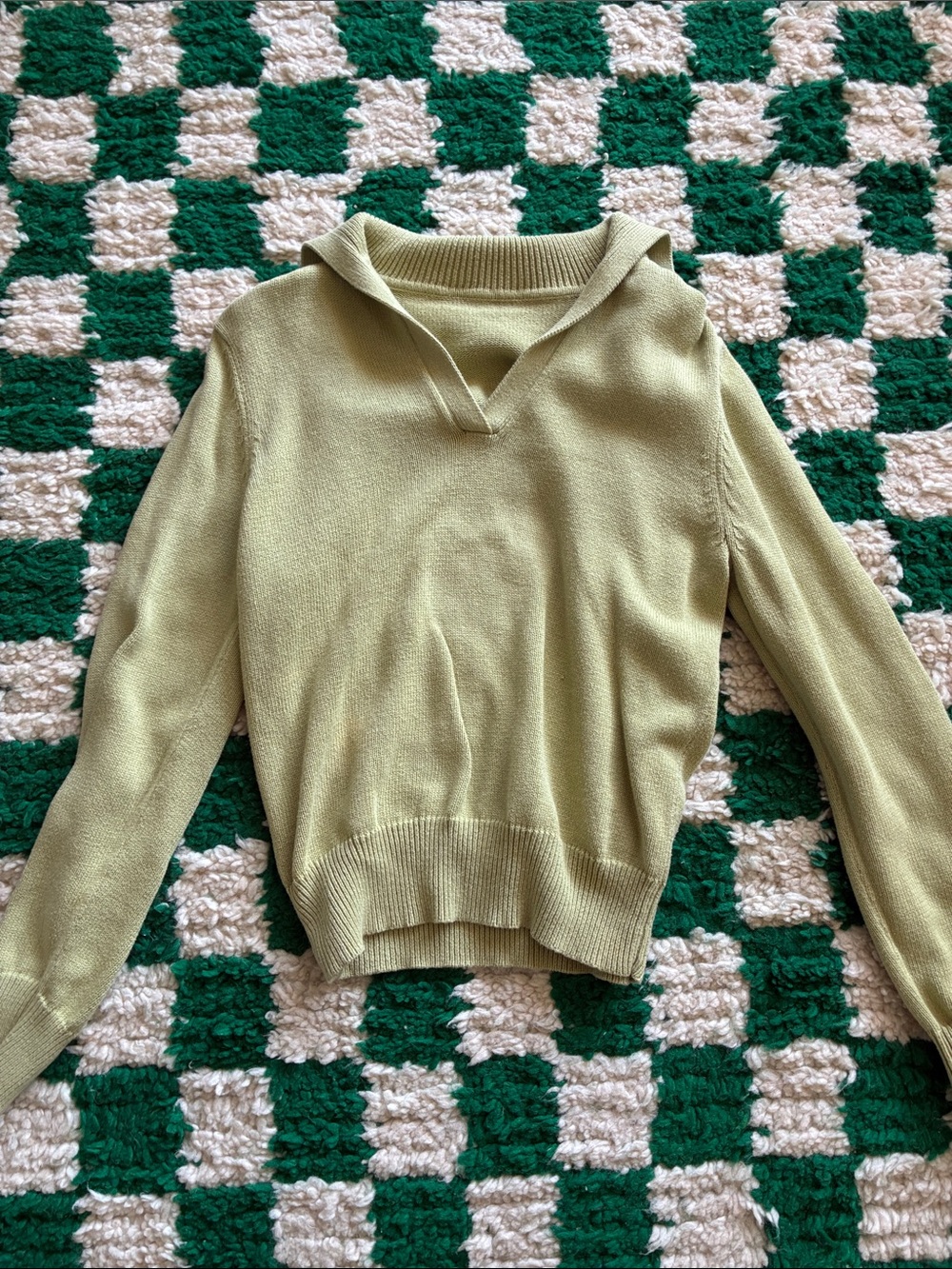 Vintage Light Green Collared V-Neck Women's Sweater